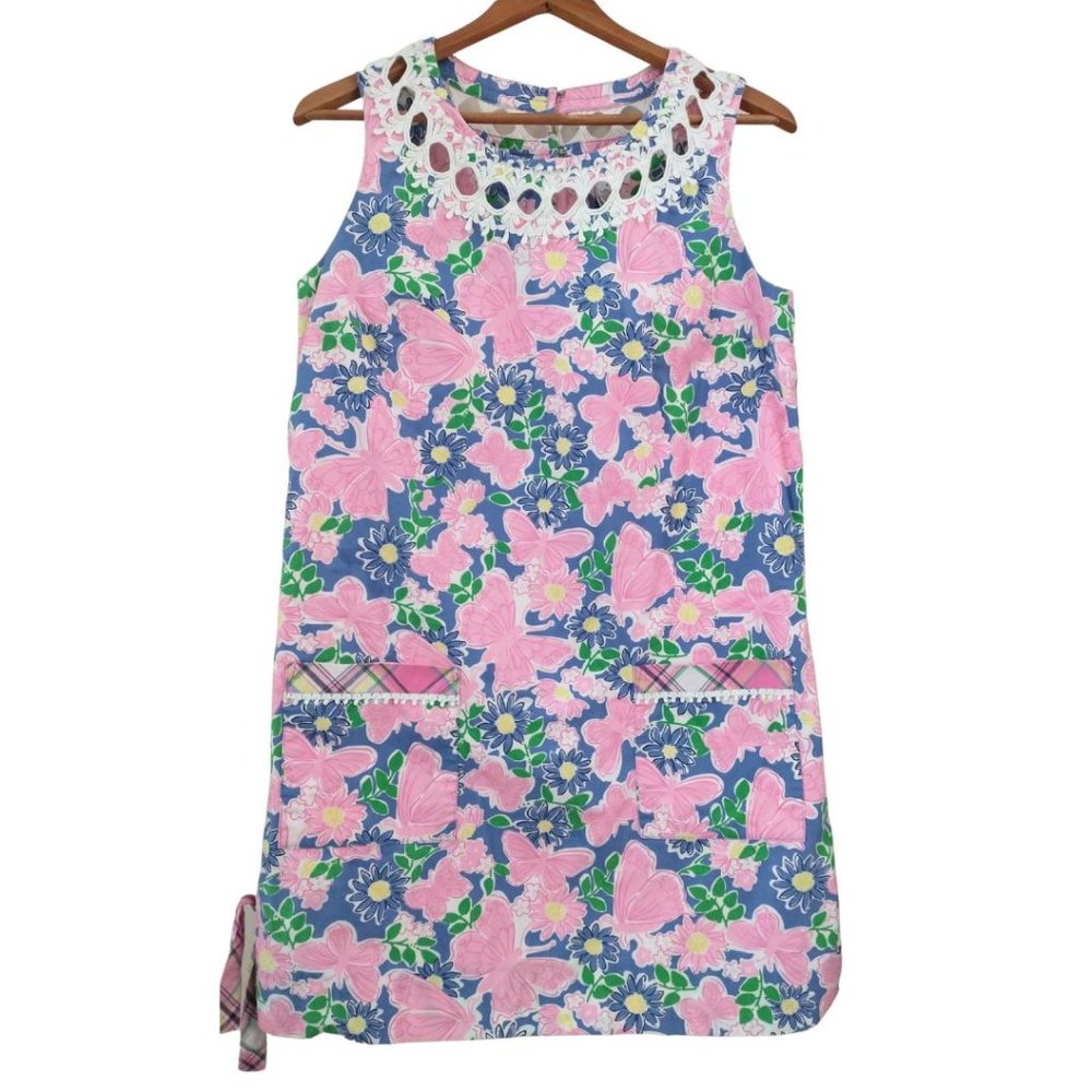 Lilly Pulitzer Pink Butterfly Blue Daisy Summer Shift Cotton Dress Size 8